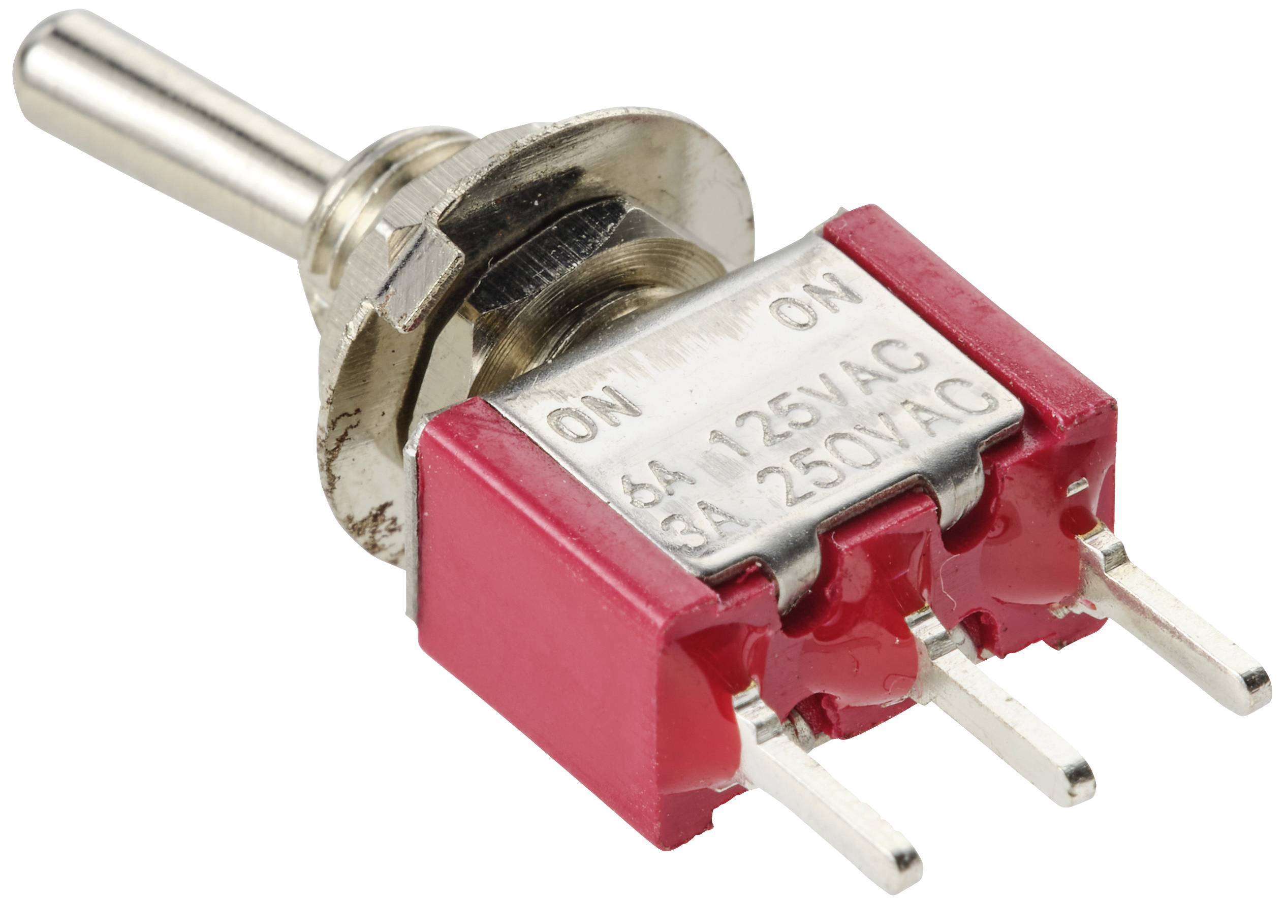 'Kippschalter mit drei Stiften und Metallhebel, auf Gehäuse sind Spezifikationen 6A 125VAC, 3A 250VAC markiert.'