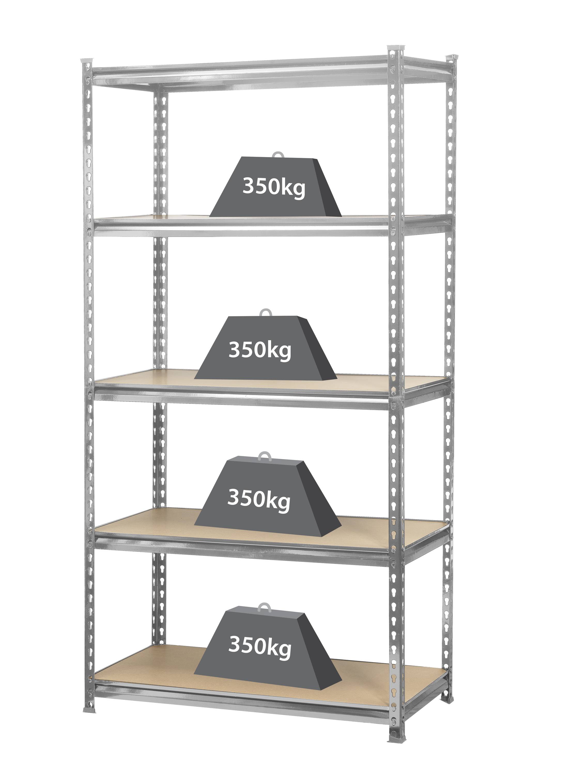 Ein Metallregal mit vier Regalböden, auf denen jeweils ein Gewicht von 350 kg liegt.