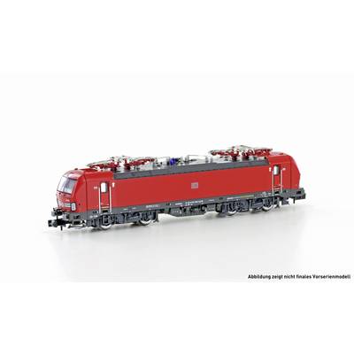 Ein rotes Modell einer deutschen Elektrolok mit grauen Details und zwei Stromabnehmern auf weißem Hintergrund dargestellt.