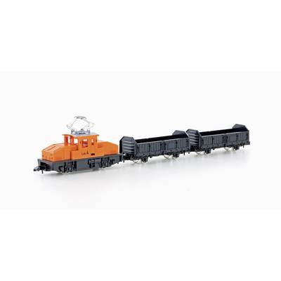 Ein Modellzug mit einer orangefarbenen Lokomotive und drei schwarzen Güterwagen steht auf einem weißen Hintergrund.
