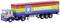 Ein Spielzeug-Lastwagen trägt einen Container mit Regenbogenfarben und dem Logo 'MAERSK'. Der Lkw hat eine dreiachsige Zugmaschine.