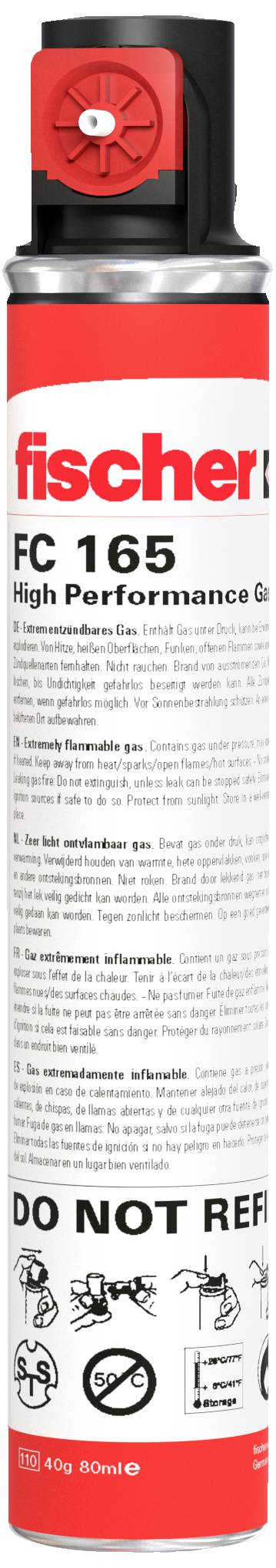 'Aerosoldose mit der Aufschrift Fc 165 High Performance Gas von Fischer für Bau- oder Handwerkerbedarf.'
