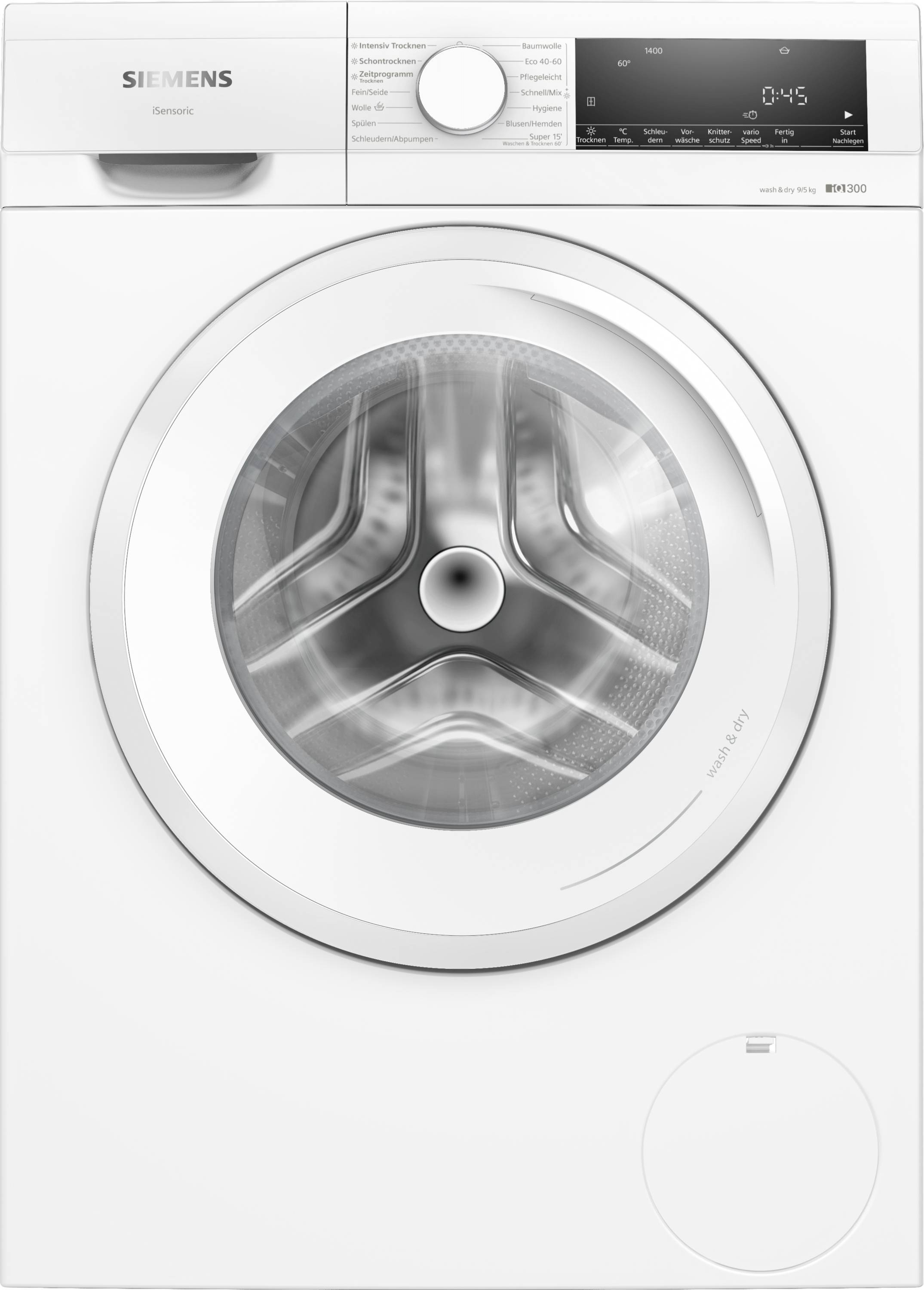 Weiße Siemens Waschmaschine, Frontlader, mit digitalem Display oben rechts und Programmwahlknopf. Display zeigt '0:45'.