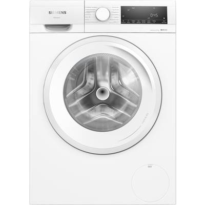 Weiße Siemens Waschmaschine, Frontlader, mit digitalem Display oben rechts und Programmwahlknopf. Display zeigt '0:45'.