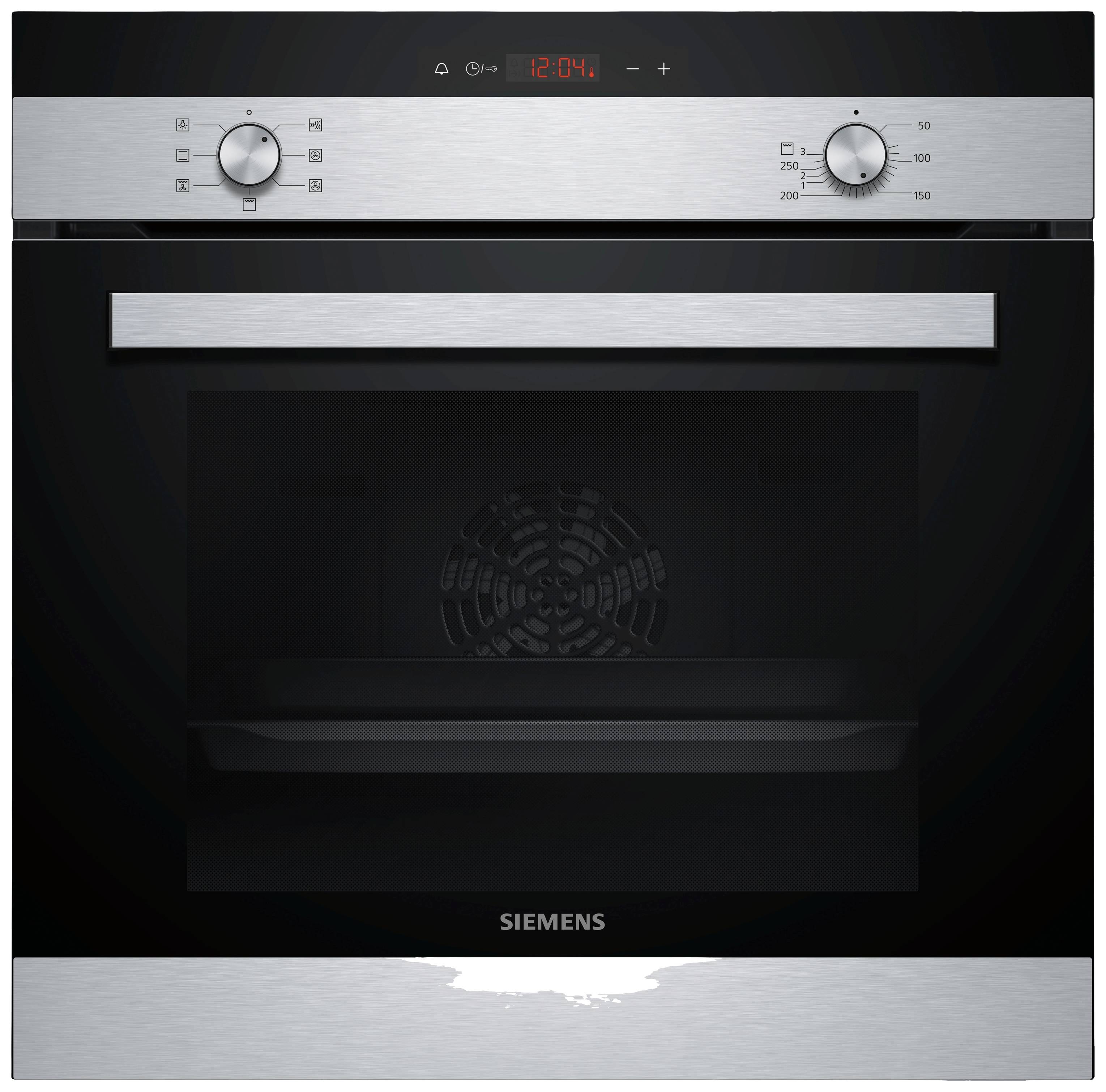Einbau-Backofen mit Drehknöpfen und digitaler Anzeige, zeigt Uhrzeit 12:04 Uhr. Edelstahl-Design mit Glastür und Lüfter sichtbar.