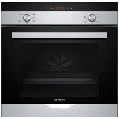 Einbau-Backofen mit Drehknöpfen und digitaler Anzeige, zeigt Uhrzeit 12:04 Uhr. Edelstahl-Design mit Glastür und Lüfter sichtbar.