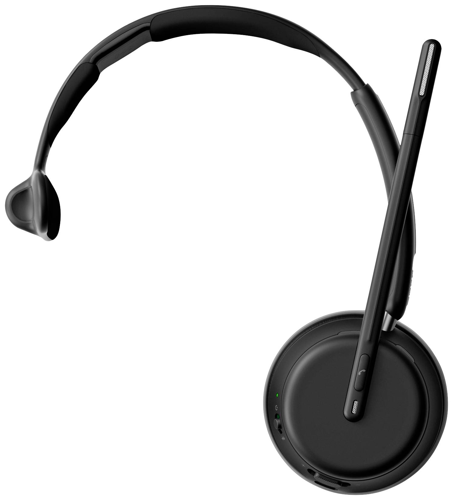 Ein schwarzes, kabelloses Headset mit flexiblem Mikrofonarm, geeignet für komfortable Telefonate oder Musikgenuss.