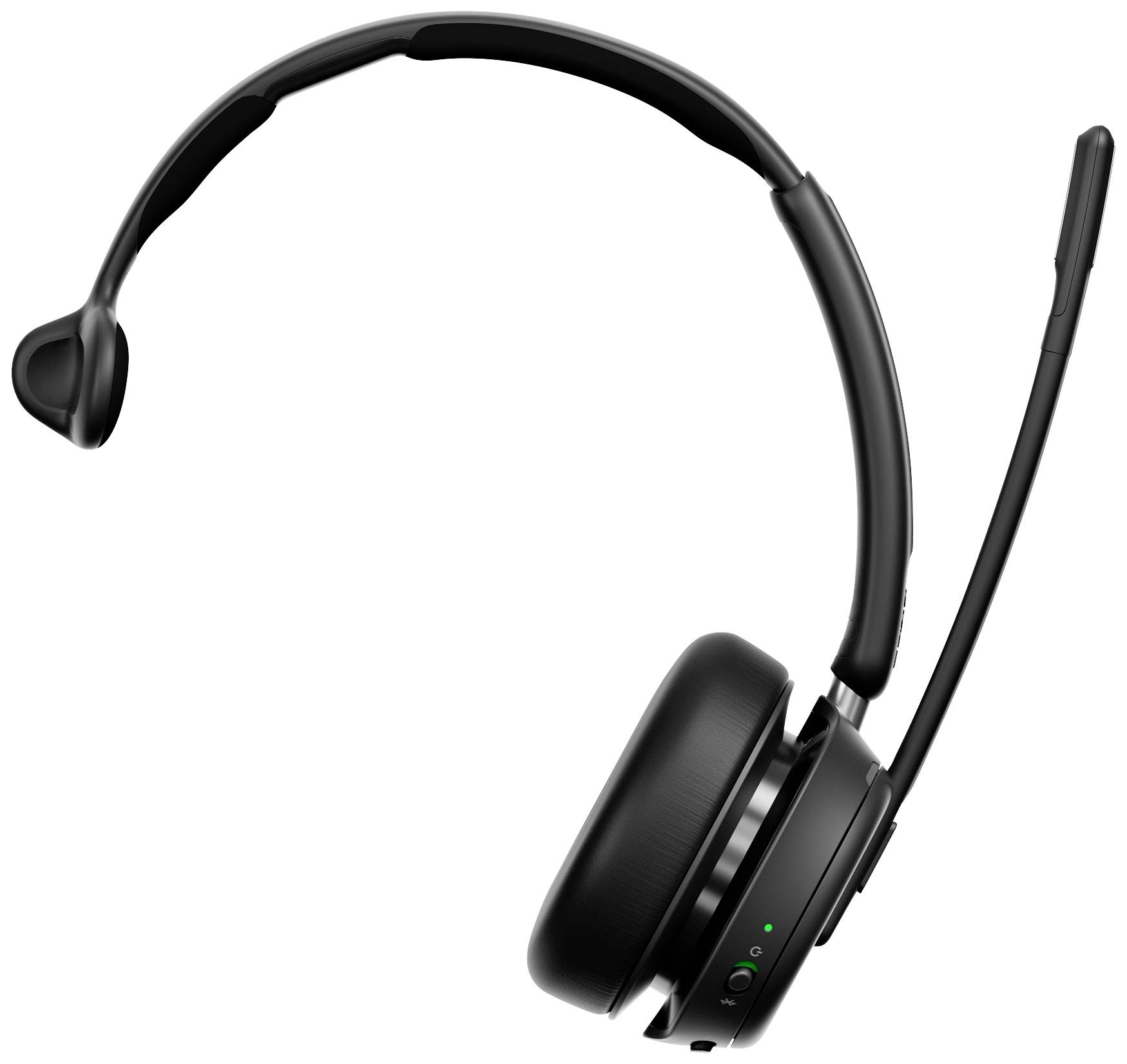 Schwarzes kabelloses Headset mit Mikrofonbügel, seitliche Ansicht. Geeignet für Büro- oder Heimgebrauch, ergonomisches Design.