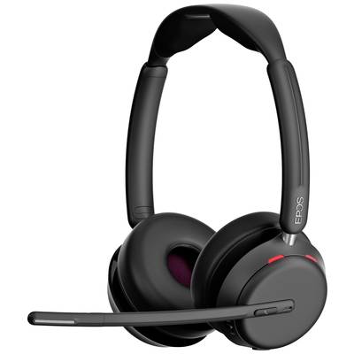 Schwarzes kabelloses Headset mit Mikrofon und roten Akzenten. Ideal für Anrufe oder Musik. Markenlogo seitlich sichtbar.