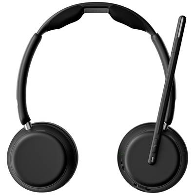Ein schwarzes Headset mit verstellbarem Mikrofonarm und gepolsterten Ohrmuscheln. Ideal für Telefonanrufe oder Videokonferenzen.