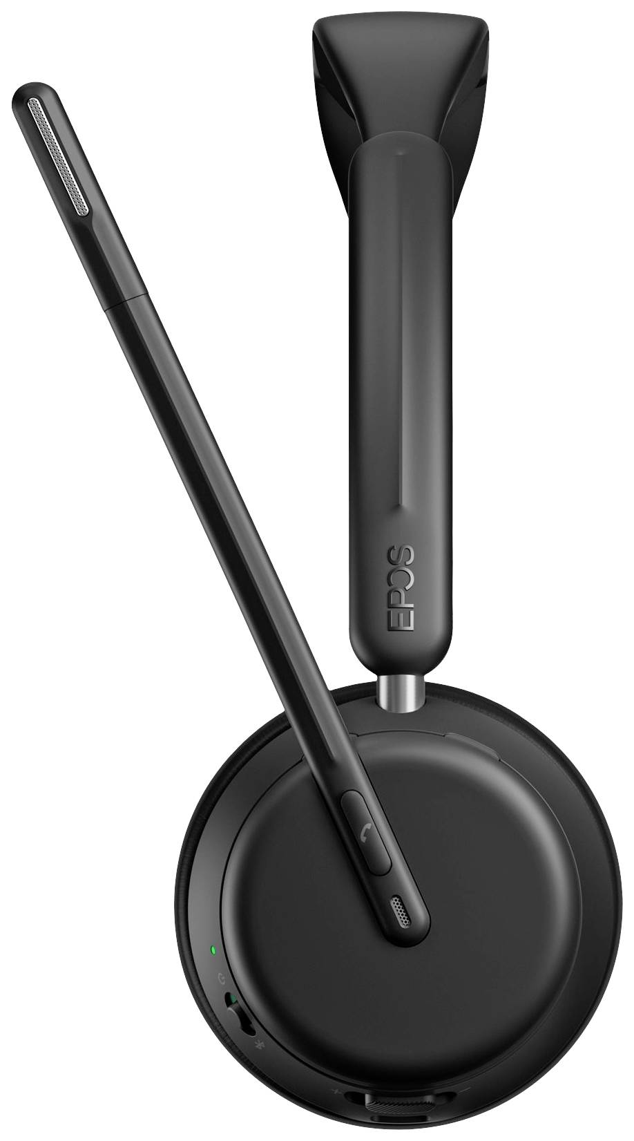 Ein schwarzes, kabelloses Headset mit Mikrofonarm, Markenname 'EPOS' sichtbar, wird von oben gezeigt.