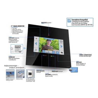 Ein 7-Zoll-Touch-Monitor mit Funktionen zur Kameraüberwachung und Lautstärkeregelung, kompatibel mit Smartphones, für einfache Wandmontage.