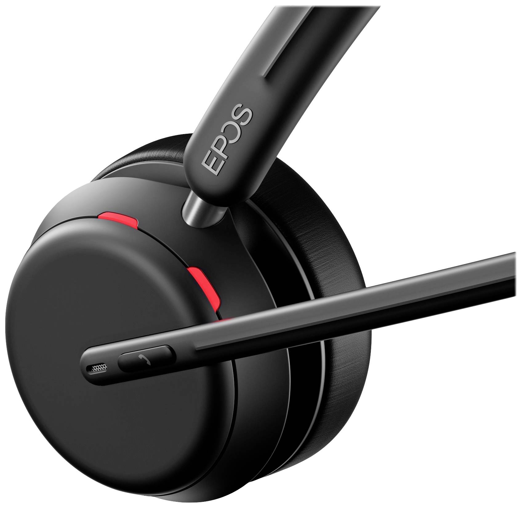 Schwarzes drahtloses Headset mit Mikrofon, rotem Akzent am Ohrstück und der Aufschrift 'EPOS' am Bügel.