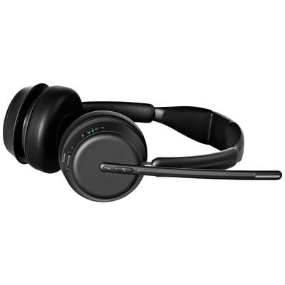 Schwarzes Over-Ear-Headset mit Mikrofon, gezeigt von der Seite. Die Ohrmuscheln sind gepolstert, und am Bügel sind Bedientasten sichtbar.