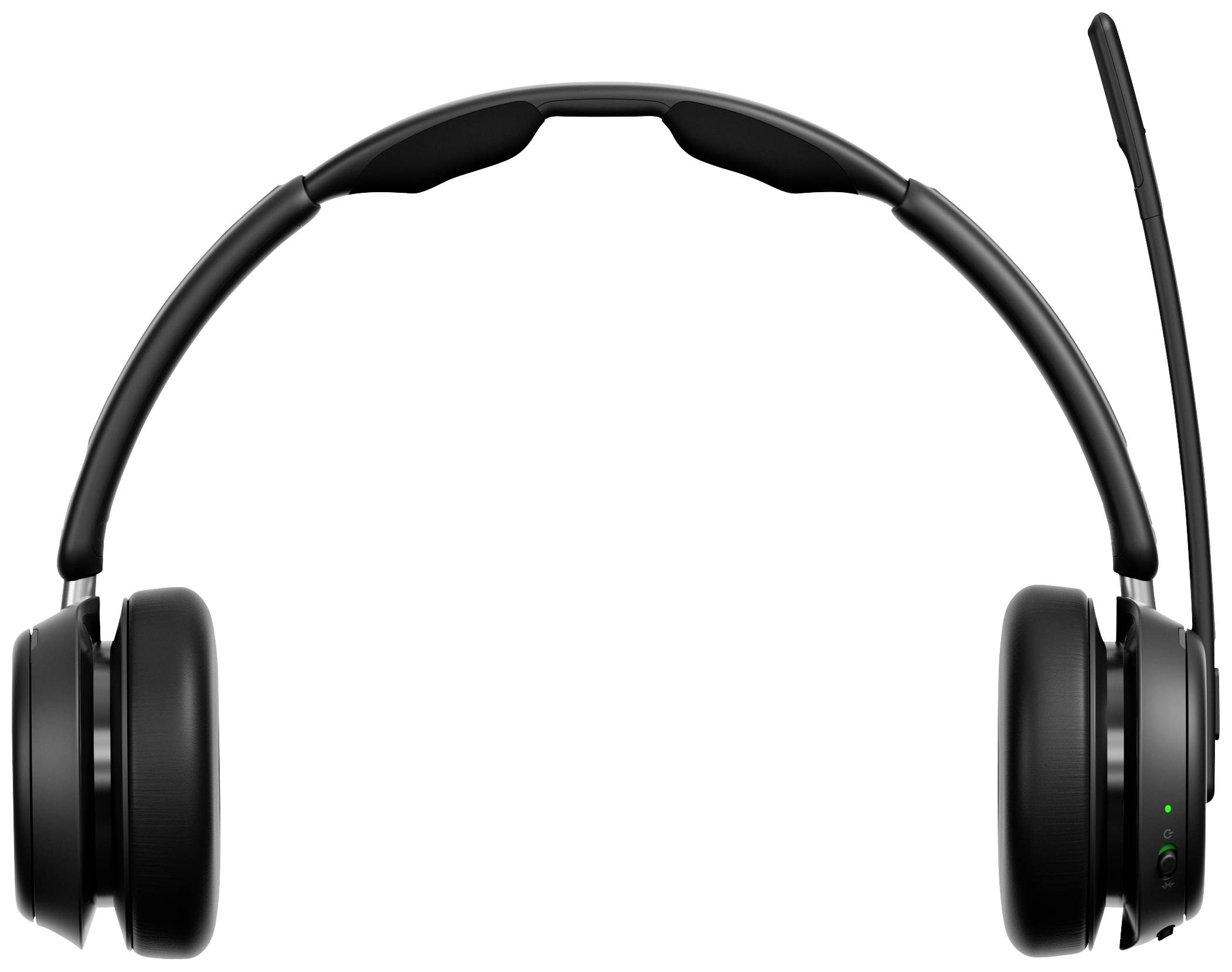 Schwarzes kabelloses Headset mit Mikrofon, frontalansicht; geeignet für Telefonkonferenzen oder Musikhören.