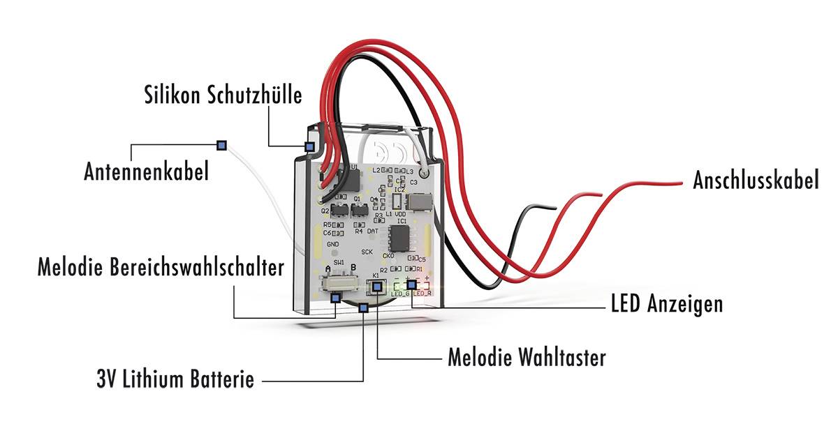 Elektronik-Schaltkreis mit 3V Lithium-Batterie, LED-Anzeigen, Anschlusskabeln und Tasten zur Melodieauswahl und Bereichswechsel.