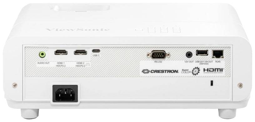 Ein weißer Projektor von hinten, zeigt Anschlüsse: 2 HDMI-Eingänge, USB-C, Audio-Ausgang, RS-232, LAN, HDMI-Label sichtbar.