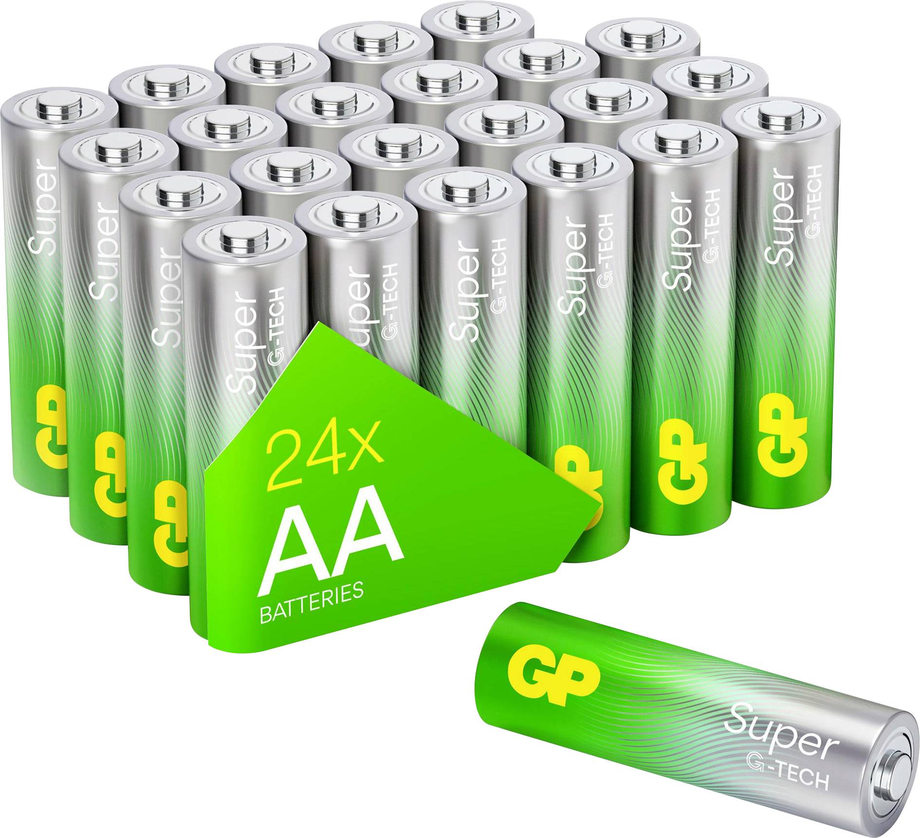 24 GP Super G-Tech Batterien, vorne grüne Verpackung mit der Aufschrift '24x AA BATTERIES'; eine Batterie liegt separat davor.
