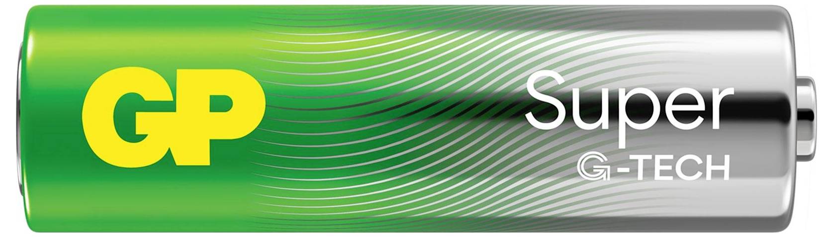 GP Super G-TECH Batterie, grün-silbernes Batteriedesign mit gelbem GP-Logo und Produktname auf der rechten Seite.