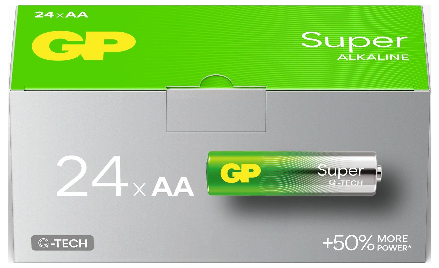 Verpackung mit 24 GP Super Alkaline AA-Batterien; grün-silbernes Design, Hinweis '+50% MORE POWER' und eine abgebildete AA-Batterie.