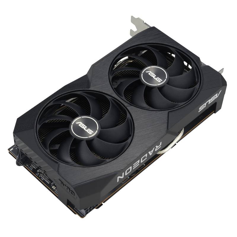 Schwarze Grafikkarte ASUS Radeon mit zwei Lüftern; seitliche Ansicht.