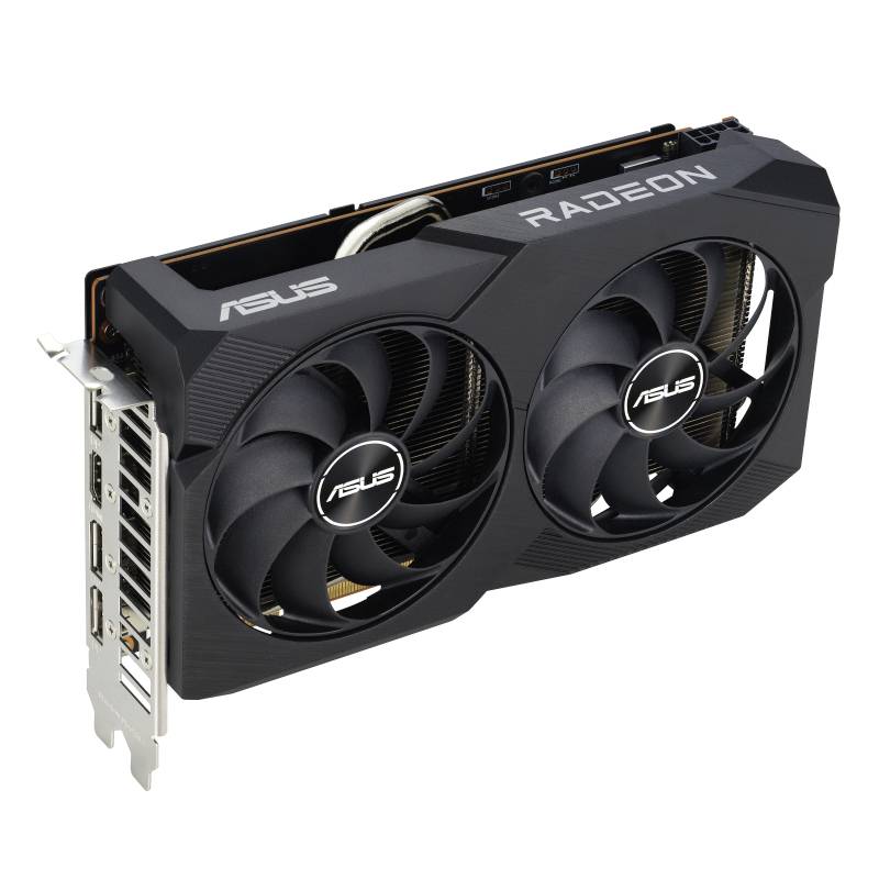 Eine schwarze ASUS Radeon Grafikkarte mit zwei Lüftern, mehreren Anschlussports und markanten Markenlogos.