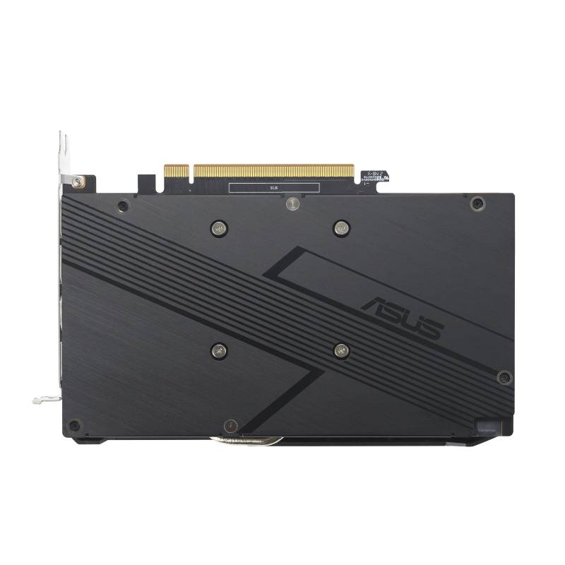 Eine schwarze ASUS-Grafikkarte mit Metall-Design, zeigt das Rückseitenlayout mit Befestigungspunkten und Kühlrippenmuster.