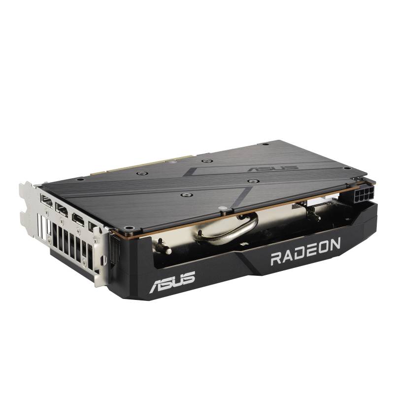 Eine ASUS Radeon Grafikkarte, seitlich liegend. Sie verfügt über mehrere Anschlussmöglichkeiten und einen großen Kühlkörper.