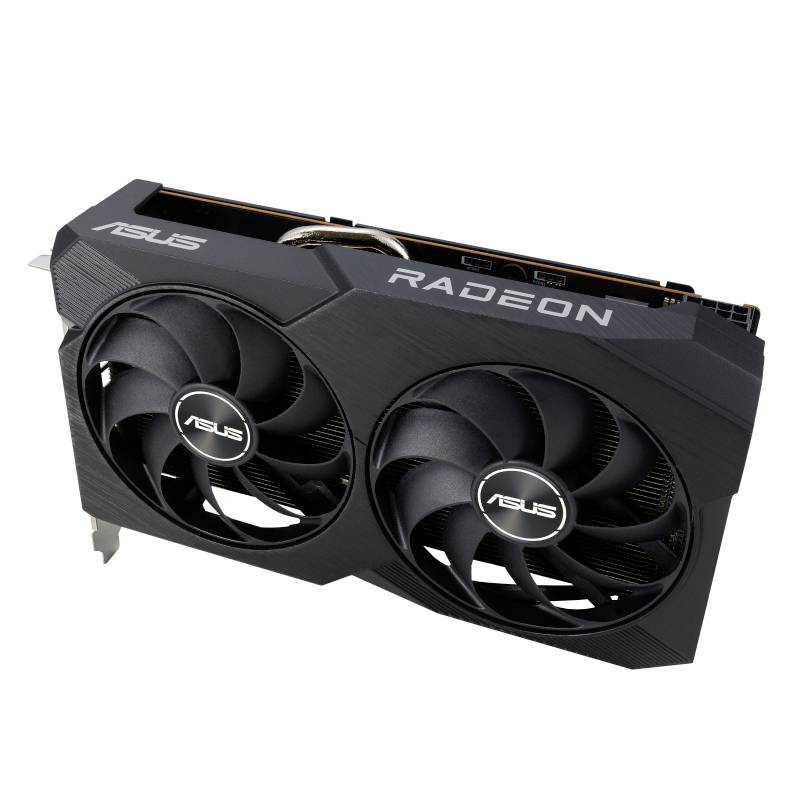 Schwarze ASUS Radeon Grafikkarte mit zwei Lüftern, seitliche Ansicht.