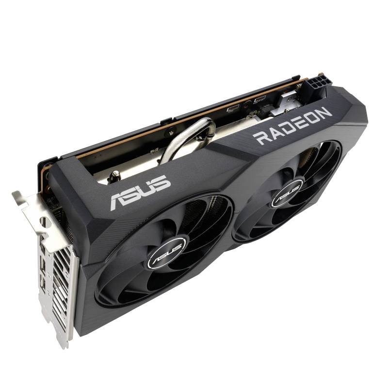 Eine schwarze ASUS Radeon Grafikkarte mit zwei Lüftern, seitlich dargestellt.