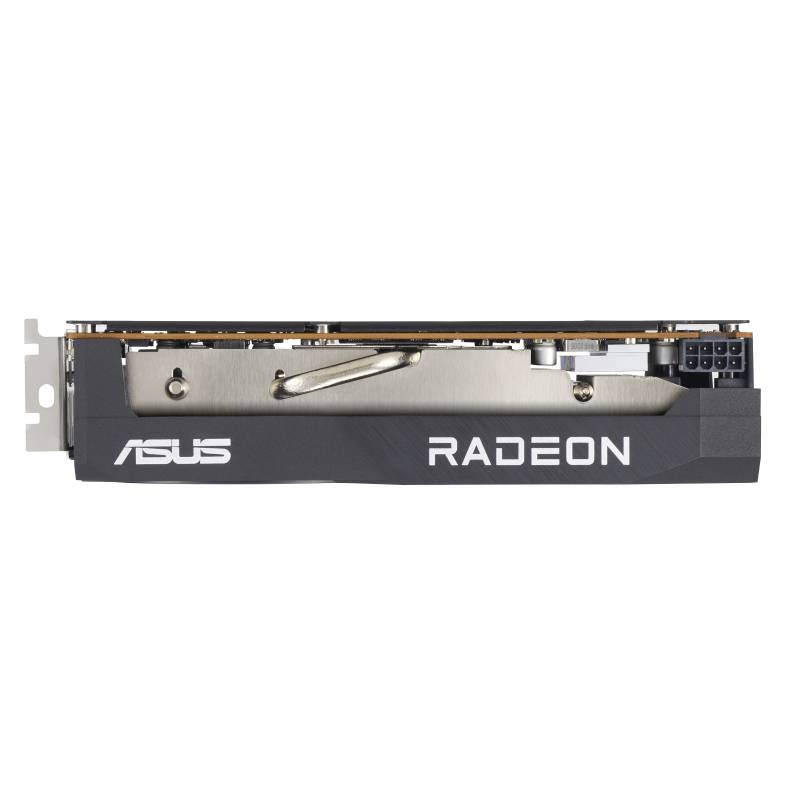Seitenansicht einer ASUS Radeon Grafikkarte mit silberner Metallverstärkung und sichtbaren Anschlussstellen.