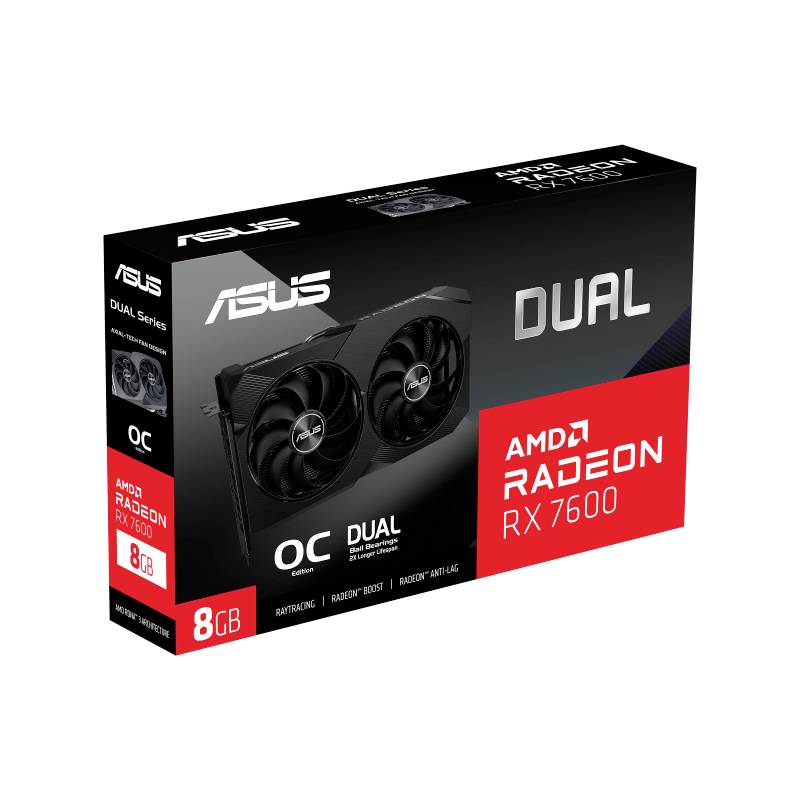 'Verpackung der ASUS DUAL Radeon RX 7600 OC Grafikkarte, zeigt zwei Lüfter und 8 GB Speicher. Markenname ASUS und AMD sichtbar.'