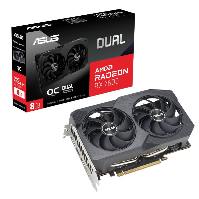 ASUS Dual Grafikkarte RX 7600 mit zwei Lüftern. Verpackung zeigt Produktdetails einschließlich 8 GB Speicher und AMD Radeon Technologie.