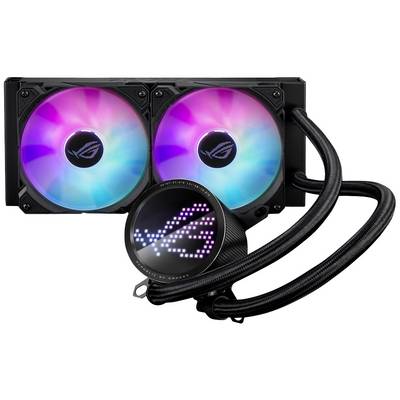 Zwei beleuchtete Computerlüfter mit einem flexiblen Schlauch sind mit einem runden Kühlkörper verbunden, der das ROG-Logo zeigt.