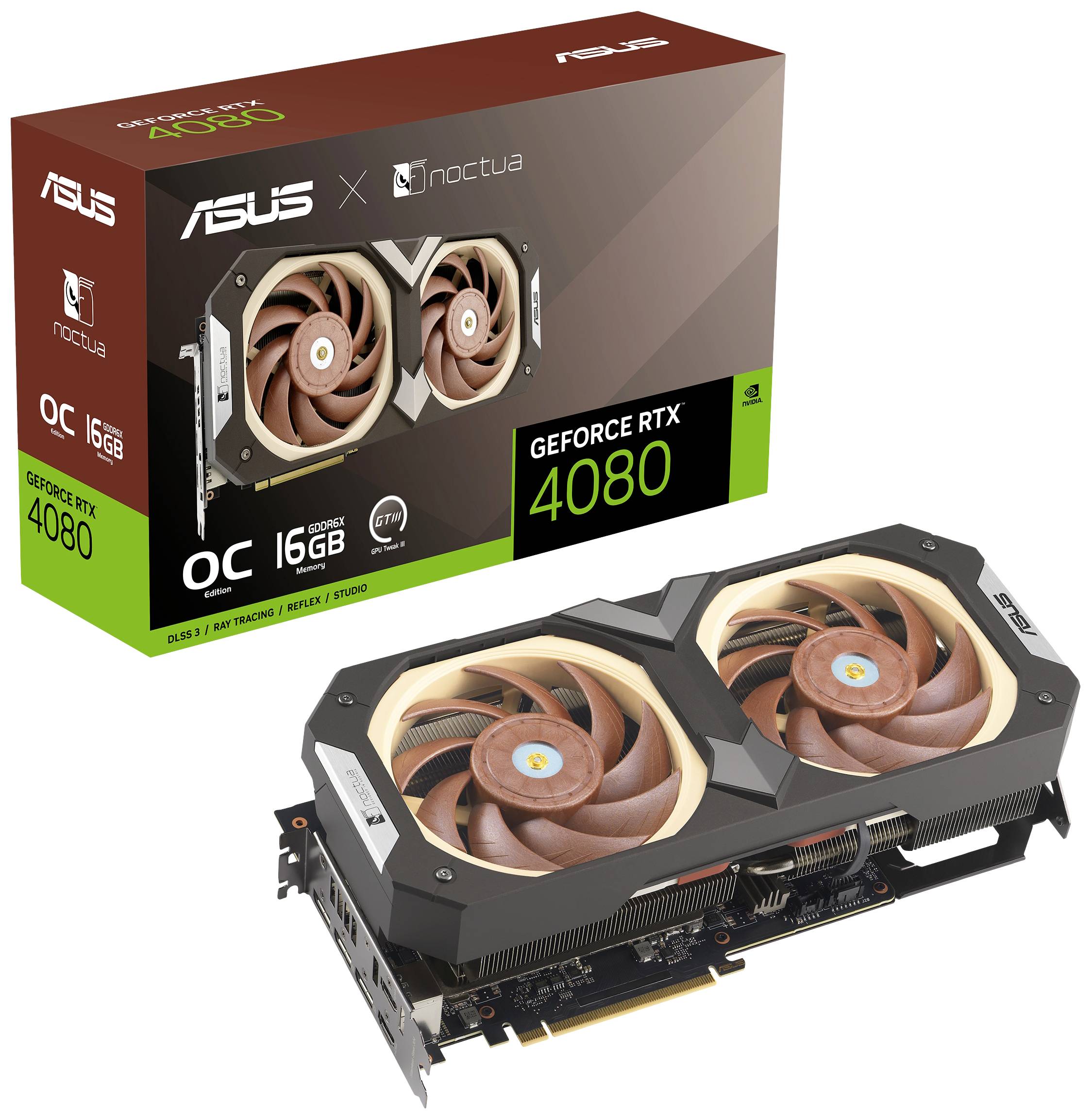Grafikkarte Asus GeForce RTX 4080 Noctua Edition mit spezieller Kühlung. Die Verpackung zeigt das Design und technische Details.