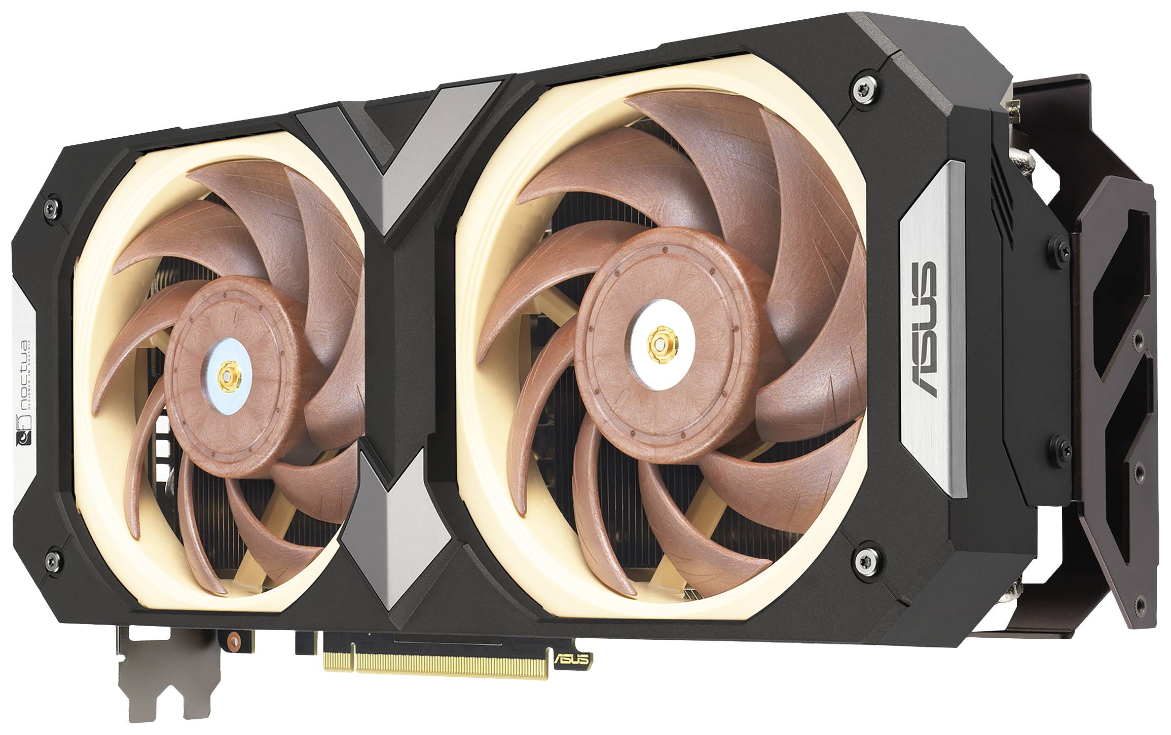 Eine Grafikkarte mit zwei großen Lüftern in einem schwarzen Gehäuse. Auf dem Gehäuse steht 'ASUS'.