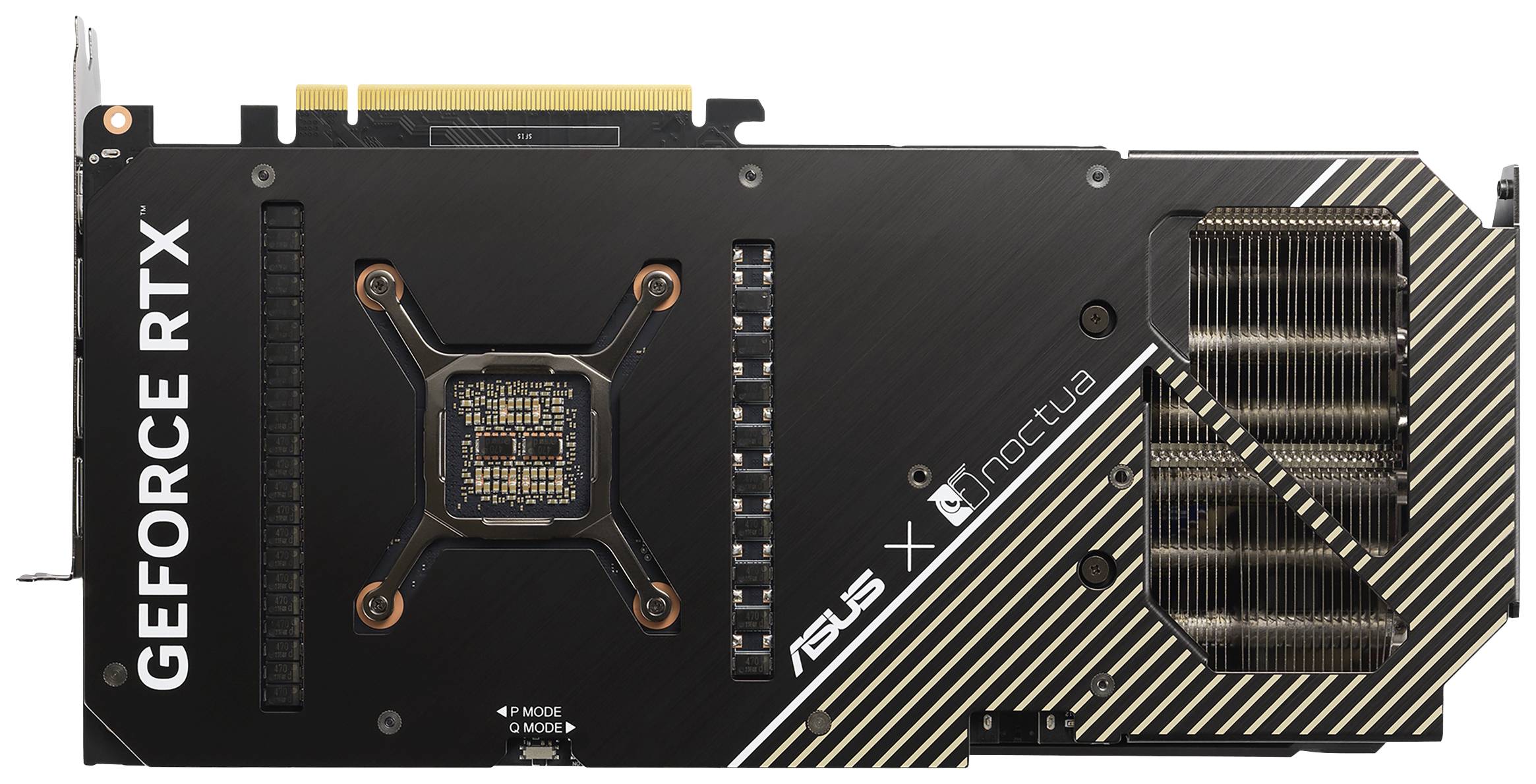 Eine Grafikkarte mit der Aufschrift 'GEFORCE RTX' und Logos von ASUS und Noctua, zeigt Kühllamellen und eine schwarze Abdeckung.