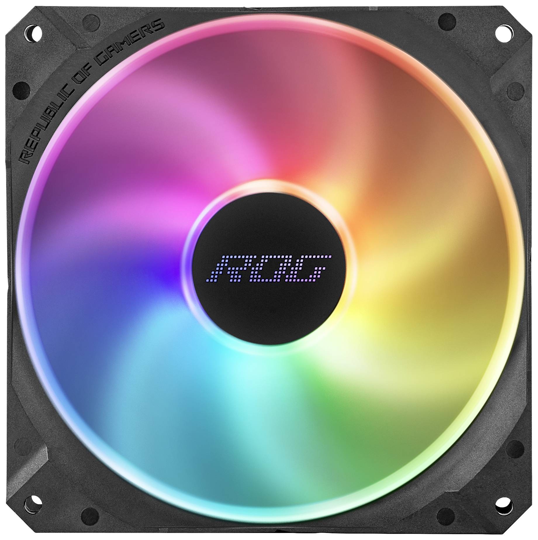 Ein Computer-Lüfter mit RGB-LED-Leuchten, die in verschiedenen Farben leuchten. Der Lüfter hat das Logo einer Gaming-Marke.