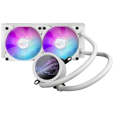 Weiße PC-Wasserkühlung mit zwei leuchtenden Lüftern in Rosa und Blau. Eine runde Pumpe mit digitalem Display ist angeschlossen.