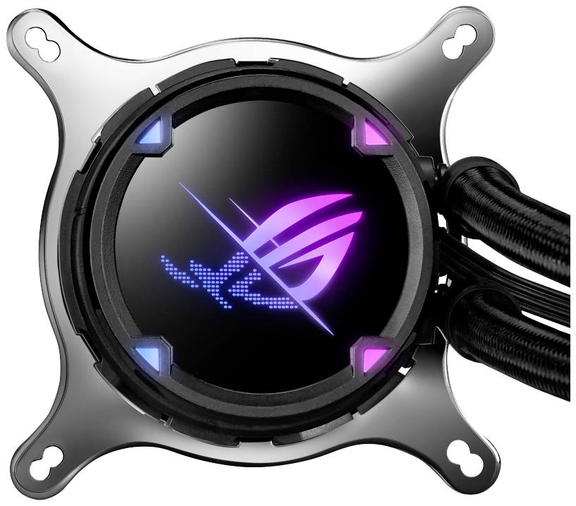 Ein rundes Computer-Kühlsystem mit buntem LED-Logo in der Mitte, umgeben von schwarzen Kühlschläuchen und einem metallischen Rahmen.