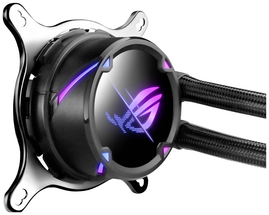 Flüssigkeitskühler mit markantem Logo und Lichteffekten, zwei Schläuche für Kühlung, futuristisches Design.