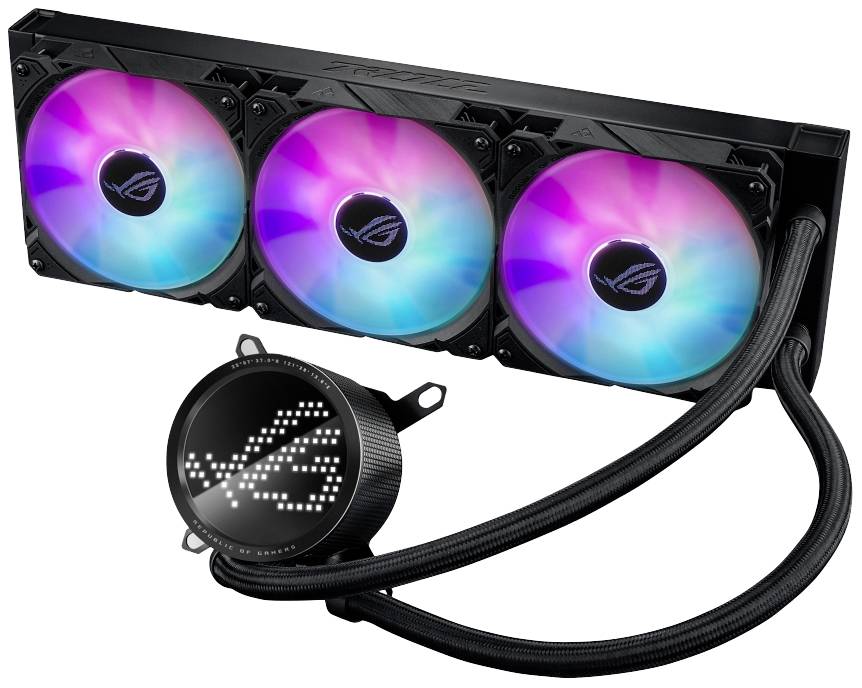 Flüssigkeitskühlsystem mit drei RGB-Lüftern und Pumpe mit leuchtendem Logo, geeignet für leistungsstarke Computer.