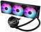 Flüssigkeitskühlsystem mit drei RGB-Lüftern und Pumpe mit leuchtendem Logo, geeignet für leistungsstarke Computer.