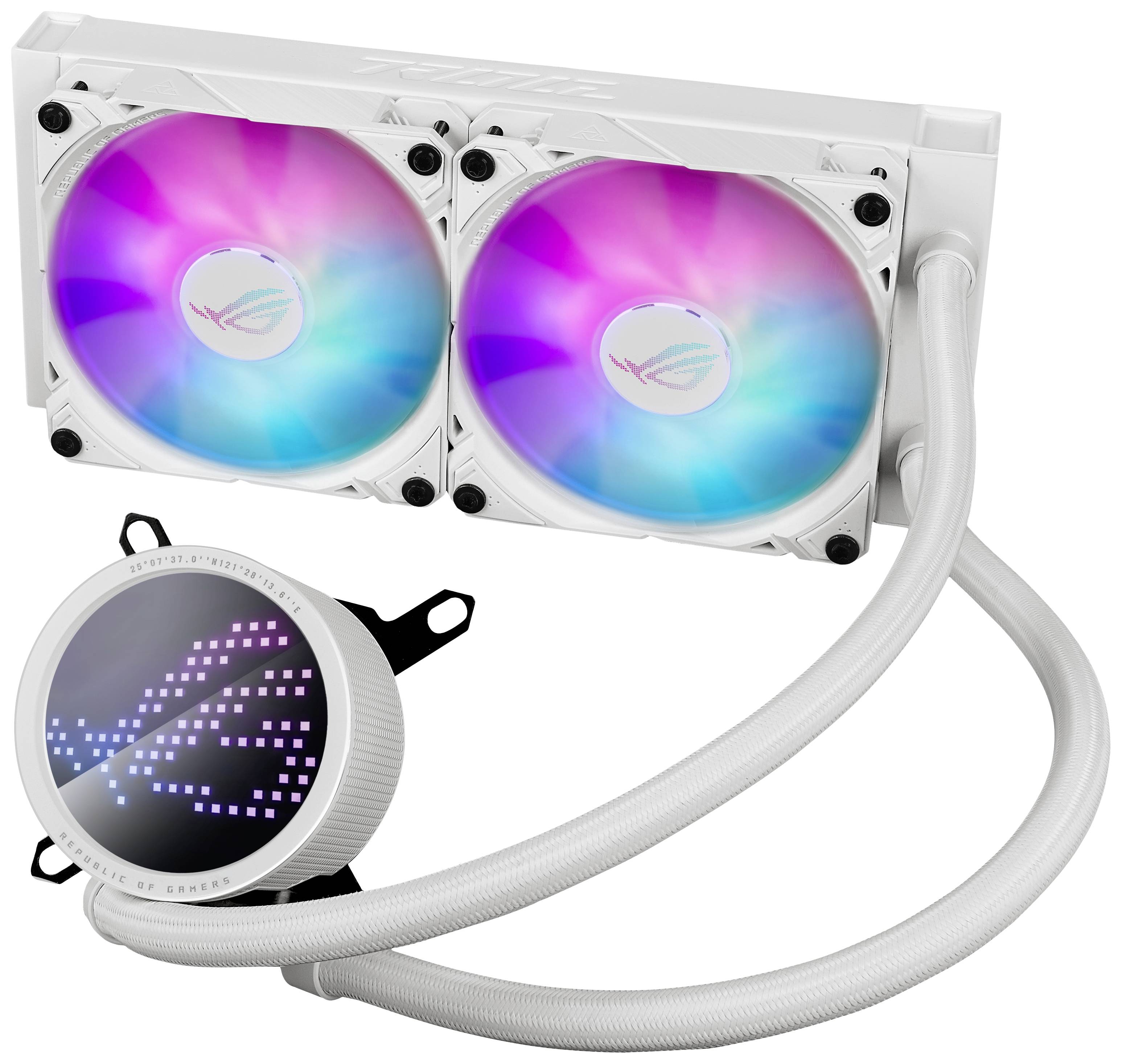 Eine weiße CPU-Wasserkühlung mit zwei leuchtenden Lüftern und einem Display auf der Pumpe. Die Lüfter strahlen in Regenbogenfarben.