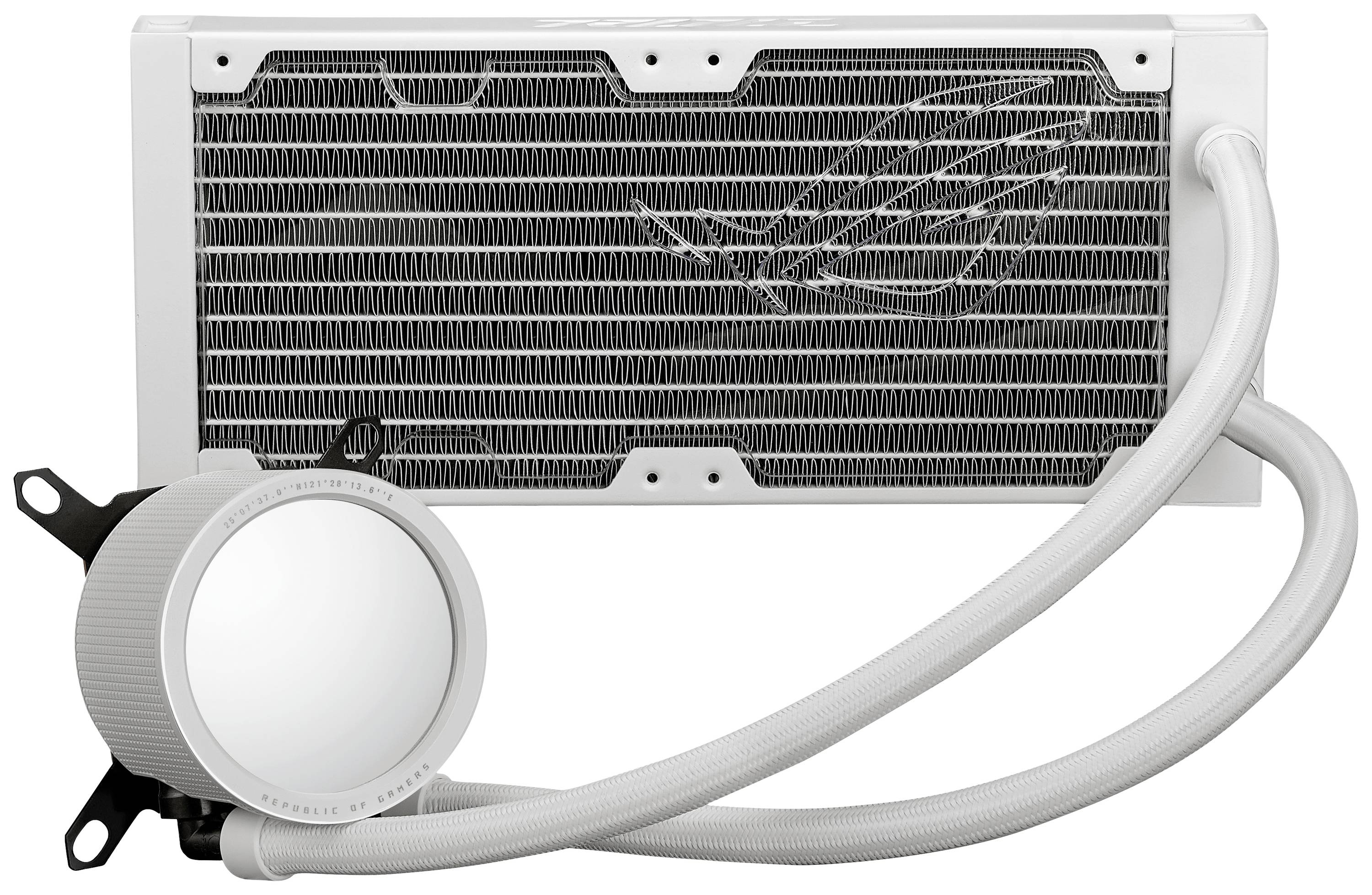 Eine weiße Computerflüssigkeitskühlung bestehend aus einem Radiator und einer Pumpe mit Schläuchen. Hauptkomponente für Kühlung.