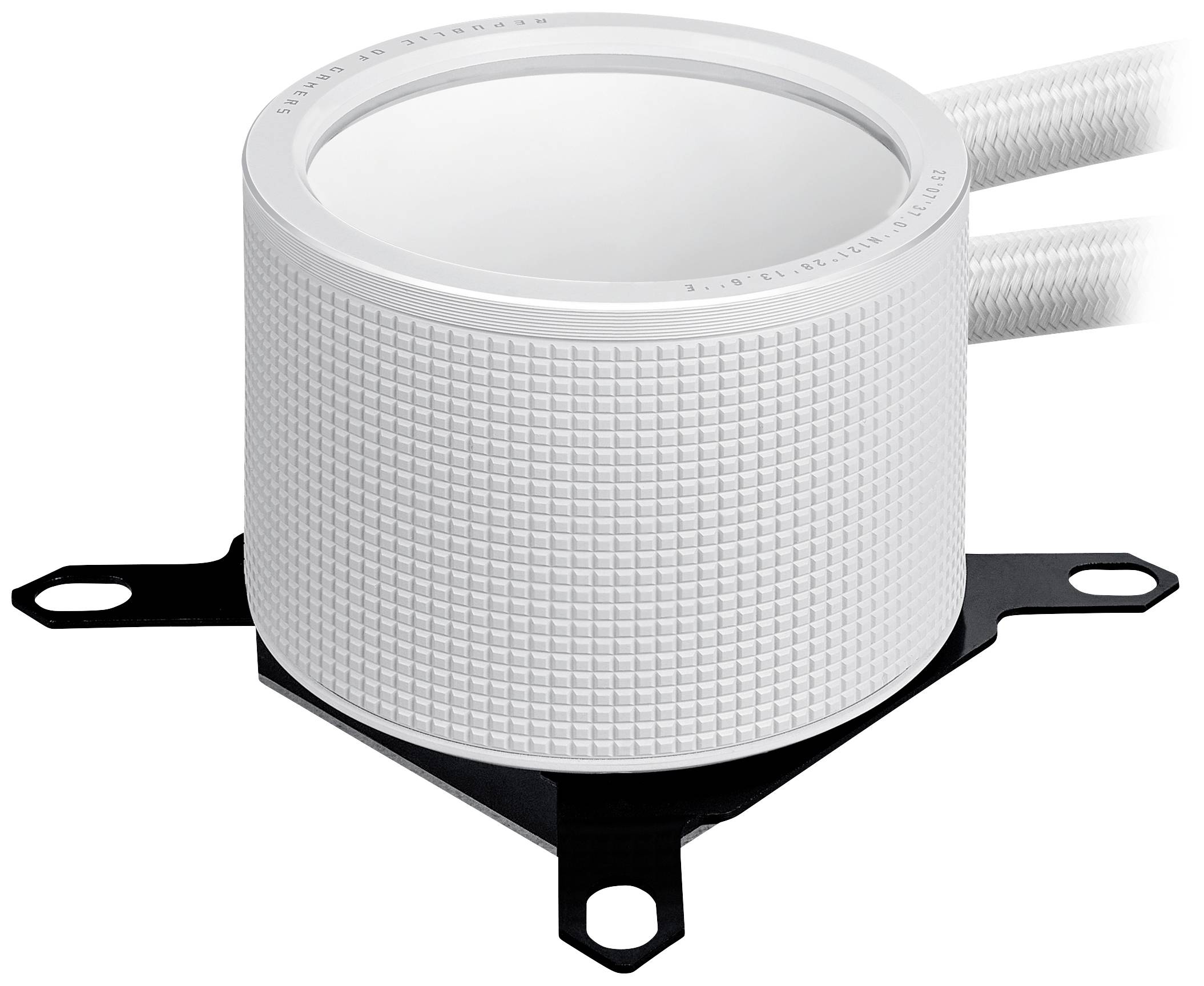 Ein weißer, gerasterter Zylinder mit zwei Schläuchen an der Seite, montiert auf einer schwarzen Metallhalterung.