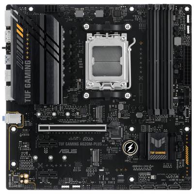 Hauptplatine ASUS TUF Gaming A620M-PLUS, bietet PCIe-Steckplätze, RAM-Sockel und CPU-Sockel. Geeignet für Gaming-PCs.