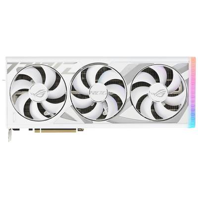 Weiße Grafikkarte mit drei Lüftern und RGB-Beleuchtung rechts. ROG-Logo auf jedem Lüfter. Designed für leistungsstarkes Gaming.