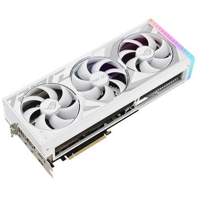 Weiße Grafikkarte mit drei Lüftern und RGB-Beleuchtung an der Seite. Hochwertiges Design mit ROG-Logo. Geeignet für Gaming-PCs.