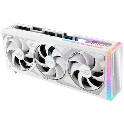 Grafikkarte mit drei weißen Lüftern und Regenbogen-LED-Leiste. Aufschrift 'Republic of Gamers'. Design wirkt futuristisch und leistungsstark.